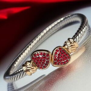 Luxury 2 Tone 18k Gold Silver Plated Twisted Cable Ruby Crystal Heart Bracelet